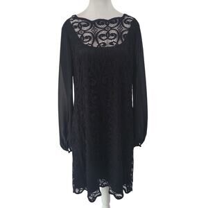Adrianna Papell Size 16 Black Lace Overlay‎ Sheer Sleeve Cocktail Dress